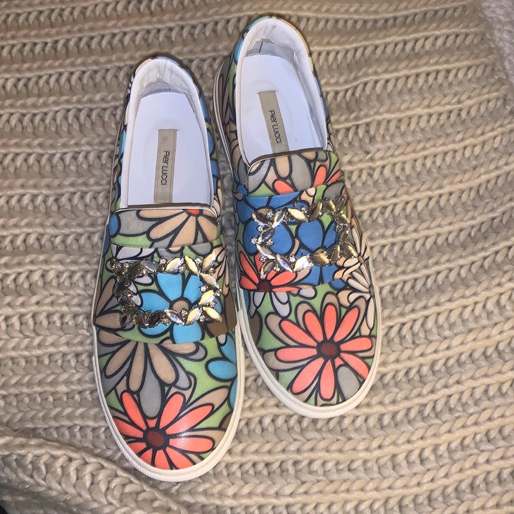Slip on floral sneakers with rhinestone embellishments